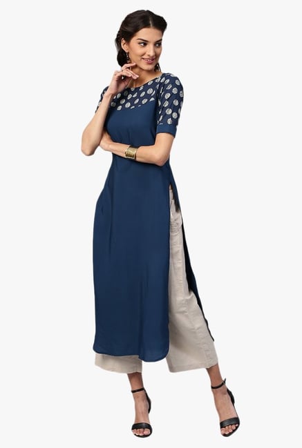 Libas Navy Printed Crepe Pathani Kurta Libas Navy Printed Crepe Pathani Kurta