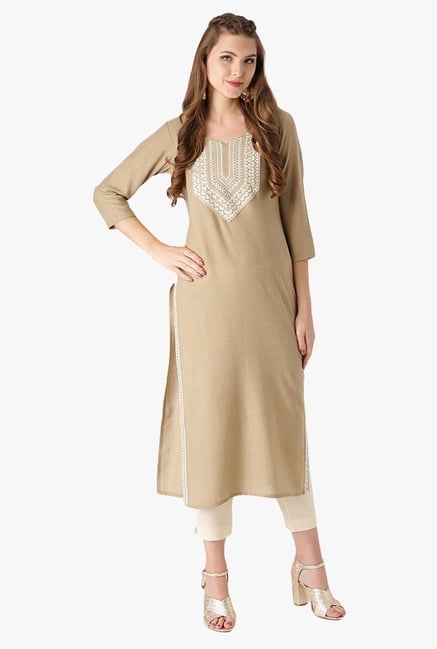 Libas Beige Embroidered Cotton Straight Kurta Libas Beige Embroidered Cotton Straight Kurta