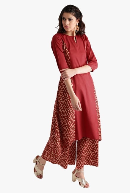 Libas Red Printed Cotton Kurta With Palazzo Libas Red Printed Cotton Kurta With Palazzo