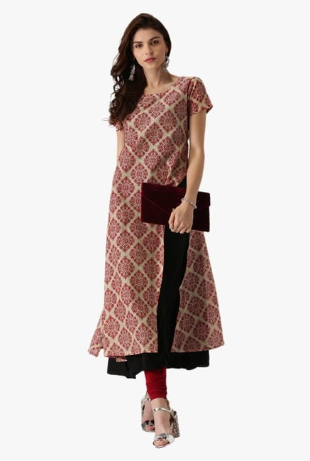 Libas Beige & Red Printed Cotton A Line Kurta Libas Beige & Red Printed Cotton A Line Kurta
