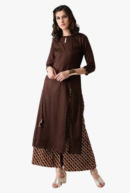 Libas Brown Cotton Kurta With Printed Palazzo Libas Brown Cotton Kurta With Printed Palazzo