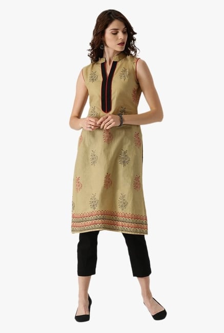 Libas Beige Floral Print Cotton Straight Kurta Libas Beige Floral Print Cotton Straight Kurta