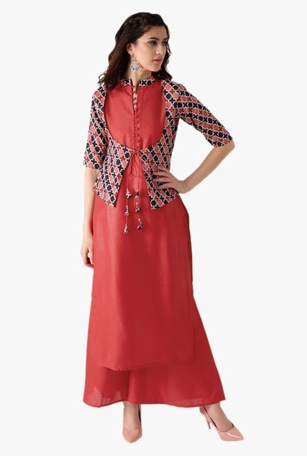 Libas Rust Printed Cotton Kurta, Jacket With Palazzo Libas Rust Printed Cotton Kurta, Jacket With Palazzo