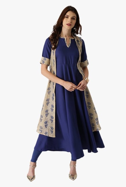 Libas Blue Printed Crepe Kurta With Jacket Libas Blue Printed Crepe Kurta With Jacket
