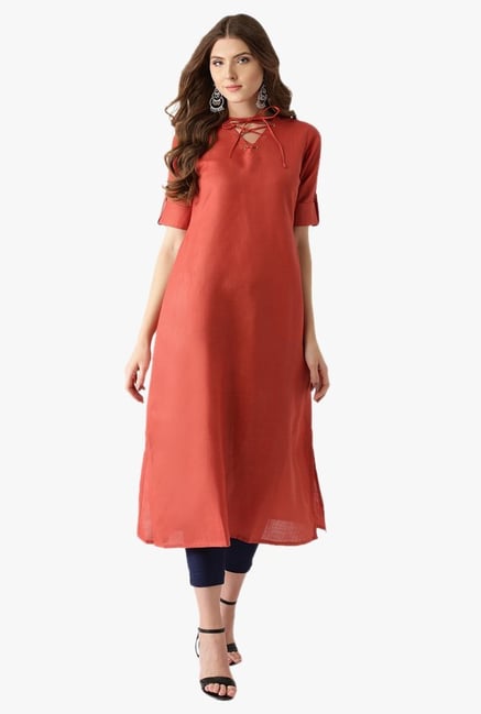 Libas Red Textured Cotton A-Line Kurta Libas Red Textured Cotton A-Line Kurta