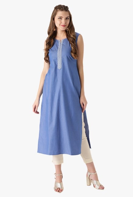 Libas Blue Textured Cotton Straight Kurta Libas Blue Textured Cotton Straight Kurta
