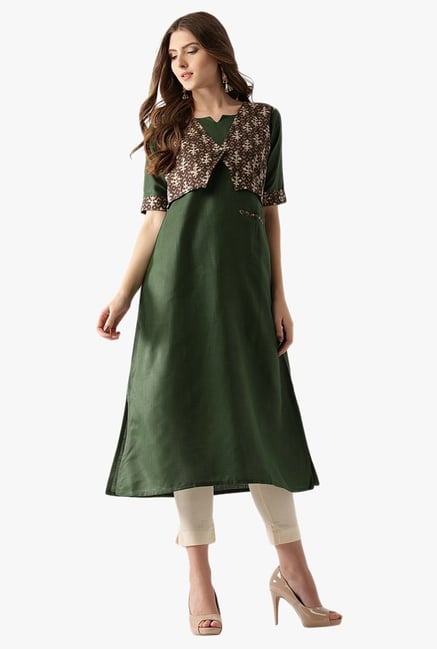 Libas Olive Printed Cotton A-Line Kurta Libas Olive Printed Cotton A-Line Kurta