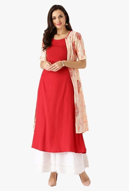 Libas Red & Off White Printed Polyester Kurta Libas Red & Off White Printed Polyester Kurta
