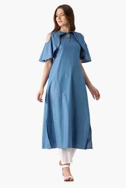 Libas Blue Textured Cotton A-Line Kurta Libas Blue Textured Cotton A-Line Kurta