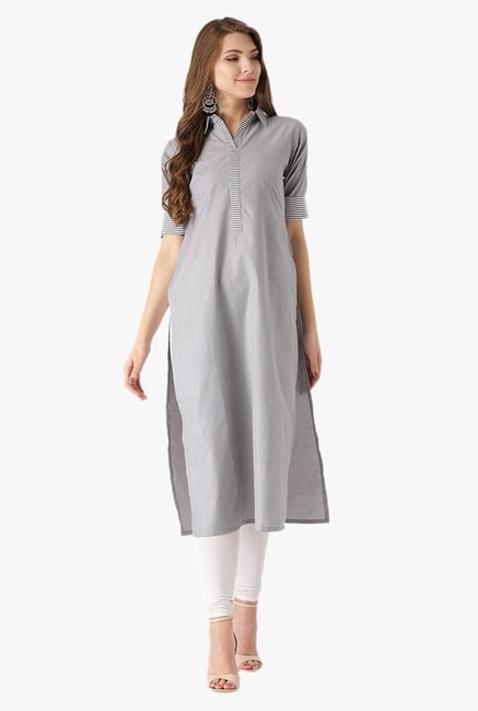 Libas Grey Textured Cotton Straight Kurta Libas Grey Textured Cotton Straight Kurta