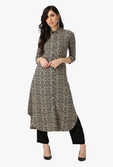 Libas Beige & Black Printed Polyester Kurta Libas Beige & Black Printed Polyester Kurta