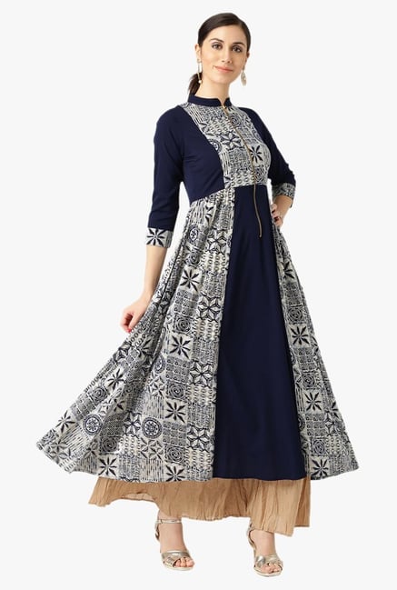 Libas Navy & Off White Printed Polyester Kurta Libas Navy & Off White Printed Polyester Kurta