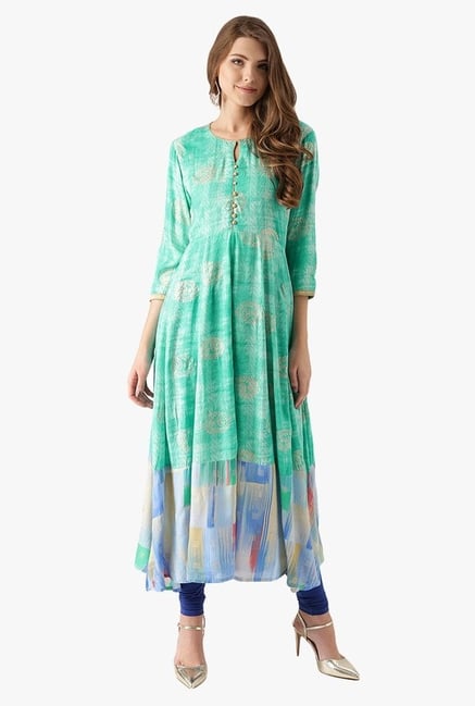 Libas Green Printed Rayon Anarkali Kurta With Jacket Libas Green Printed Rayon Anarkali Kurta With Jacket