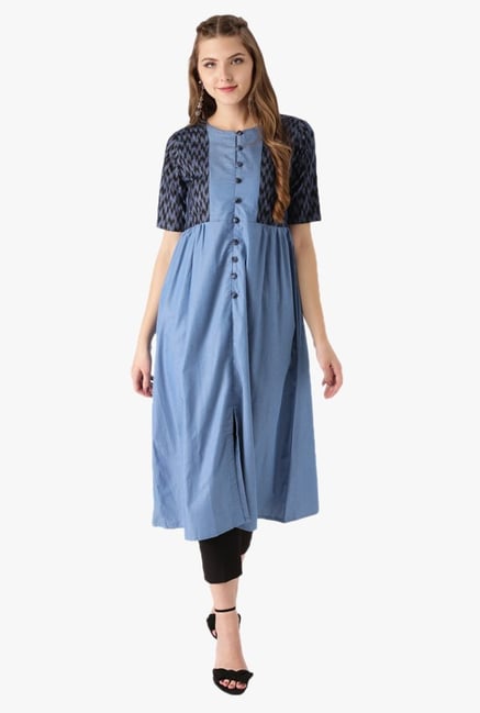 Libas Blue Printed Cotton A-Line Kurta Libas Blue Printed Cotton A-Line Kurta