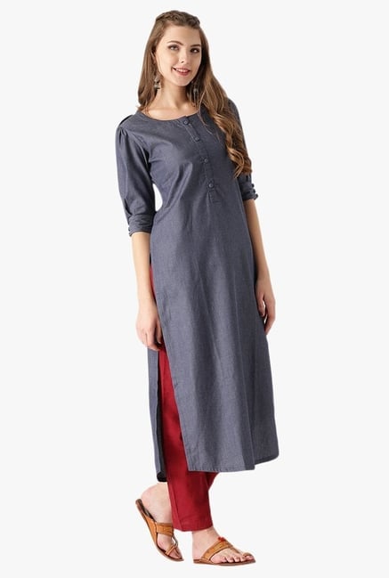 Libas Navy Textured Cotton Straight Kurta Libas Navy Textured Cotton Straight Kurta