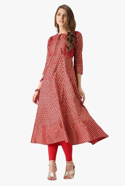 Libas Red Printed Cotton Anarkali Kurta Libas Red Printed Cotton Anarkali Kurta