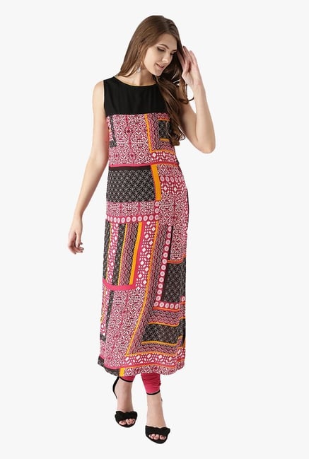 Libas Pink & Black Printed Rayon Straight Kurta Libas Pink & Black Printed Rayon Straight Kurta