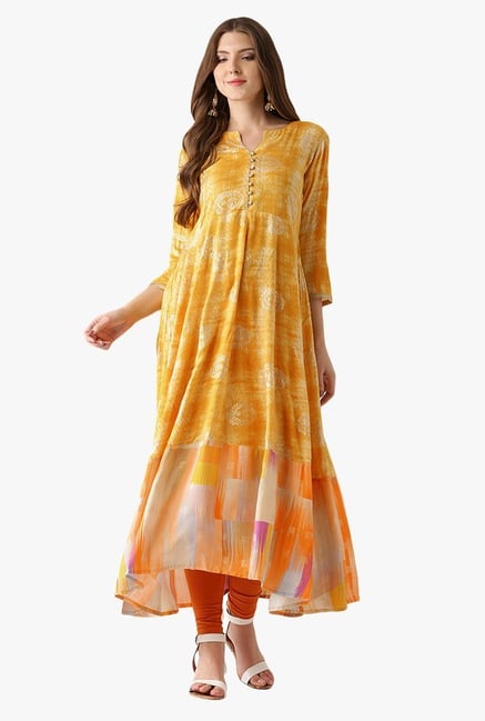Libas Yellow Printed Rayon Anarkali Kurta With Jacket Libas Yellow Printed Rayon Anarkali Kurta With Jacket