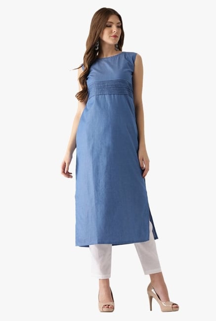Libas Blue Textured Cotton Straight Kurta Libas Blue Textured Cotton Straight Kurta