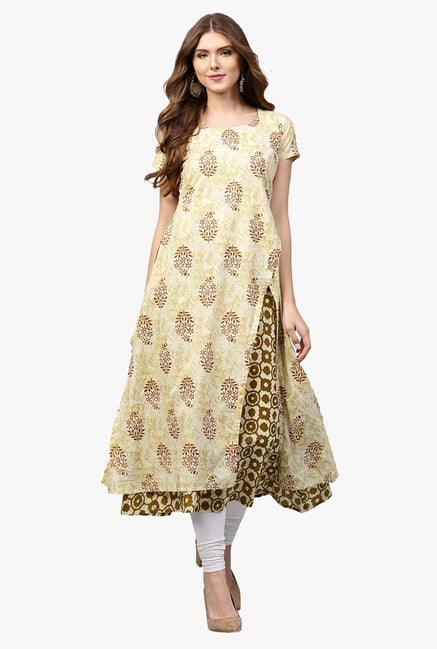 Libas Beige Printed Cotton A-Line Kurta Libas Beige Printed Cotton A-Line Kurta