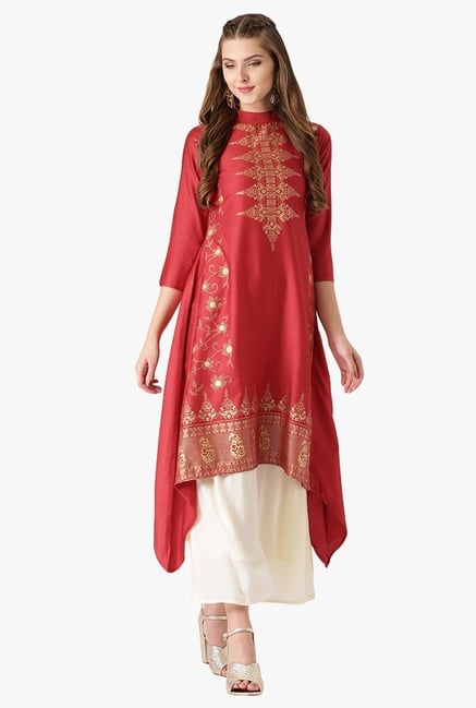Libas Red Printed Cotton A-Line Kurta Libas Red Printed Cotton A-Line Kurta