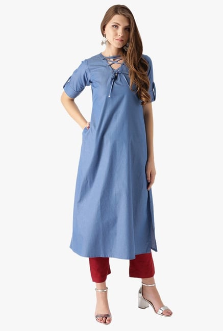 Libas Blue Textured Cotton A-Line Kurta Libas Blue Textured Cotton A-Line Kurta