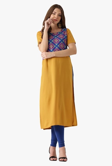 Libas Mustard Printed Polyester Straight Kurta Libas Mustard Printed Polyester Straight Kurta