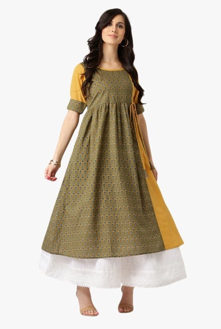 Libas Olive & Yellow Printed Cotton Kurta Libas Olive & Yellow Printed Cotton Kurta