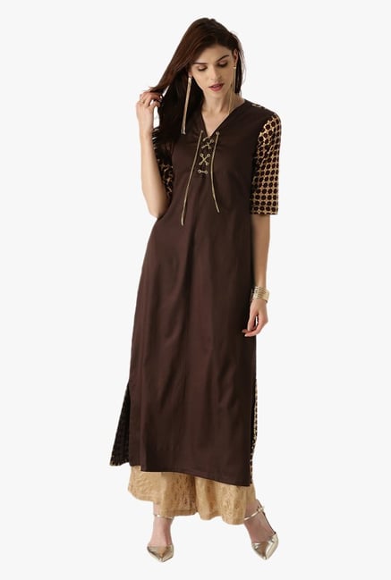 Libas Brown Regular Fit Cotton A Line Kurta Libas Brown Regular Fit Cotton A Line Kurta