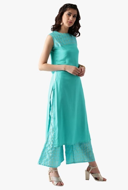 Libas Turquoise Rayon Straight Kurta With Palazzo Libas Turquoise Rayon Straight Kurta With Palazzo