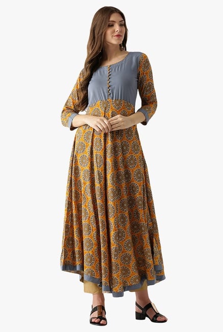 Libas Mustard & Grey Printed Rayon Anarkali Kurta Libas Mustard & Grey Printed Rayon Anarkali Kurta