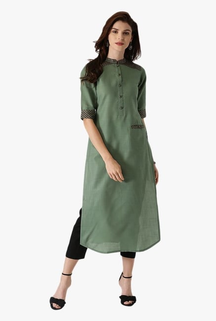 Libas Green Textured Cotton Straight Kurta Libas Green Textured Cotton Straight Kurta