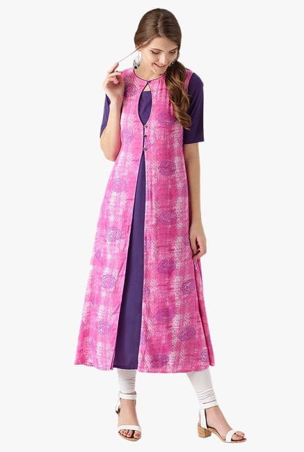 Libas Pink & Purple Printed Rayon A-Line Kurta Libas Pink & Purple Printed Rayon A-Line Kurta