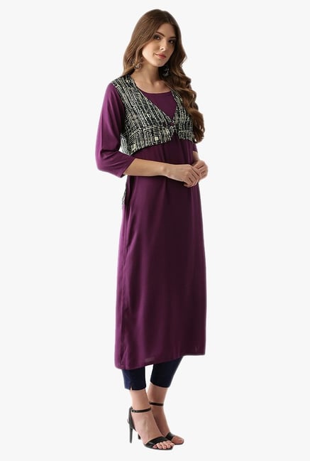 Libas Purple Printed Polyester Straight Kurta With Jacket Libas Purple Printed Polyester Straight Kurta With Jacket