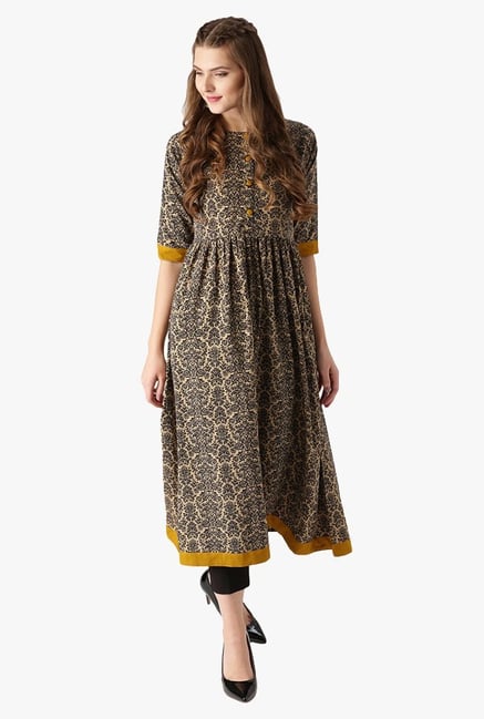 Libas Beige & Black Printed Polyester Anarkali Kurta Libas Beige & Black Printed Polyester Anarkali Kurta