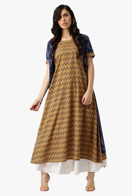 Libas Mustard & Navy Printed Cotton Kurta Libas Mustard & Navy Printed Cotton Kurta