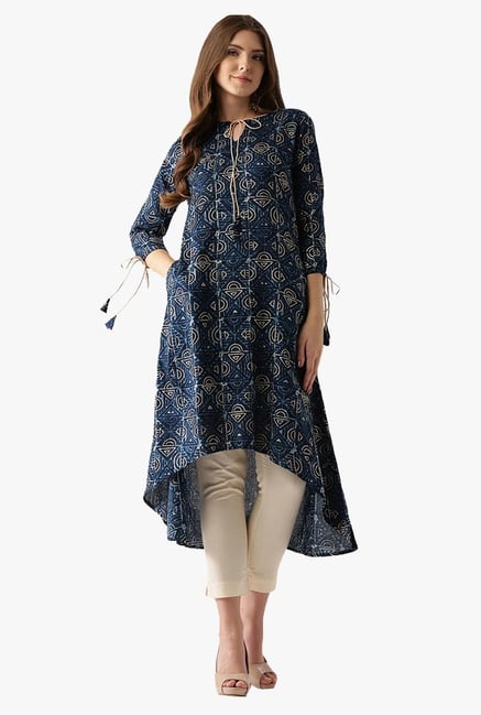 Libas Navy Printed Cotton A-Line Kurta Libas Navy Printed Cotton A-Line Kurta