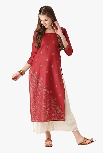 Libas Red Printed Cotton Straight Kurta Libas Red Printed Cotton Straight Kurta