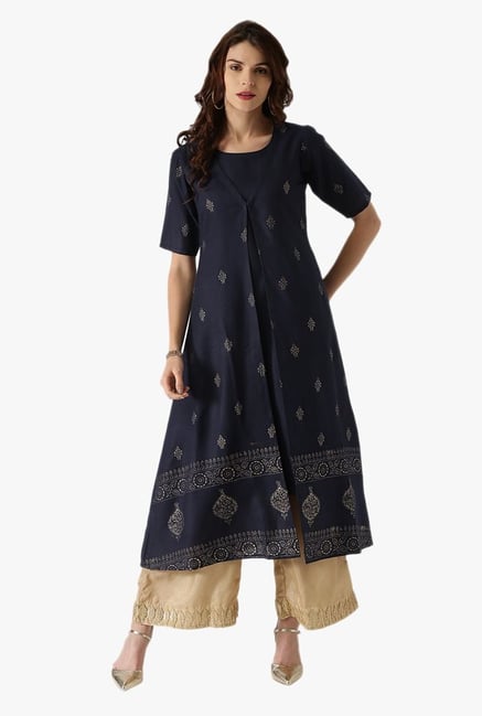 Libas Navy Printed Cotton A Line Kurta Libas Navy Printed Cotton A Line Kurta