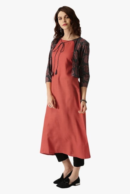 Libas Rust Printed Cotton Kurta With Jacket Libas Rust Printed Cotton Kurta With Jacket