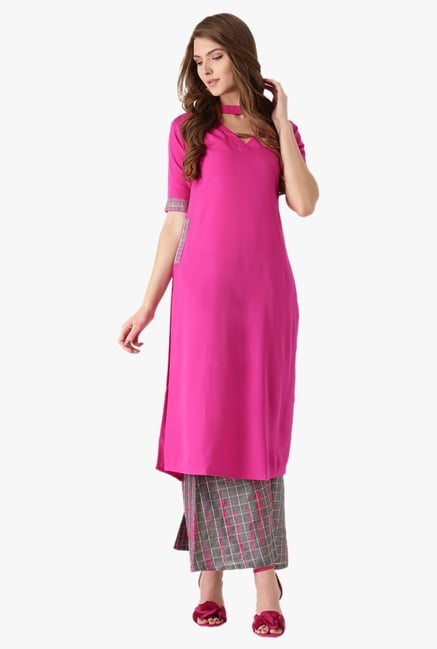Libas Pink & Grey Crepe Straight Kurta With Palazzo Libas Pink & Grey Crepe Straight Kurta With Palazzo