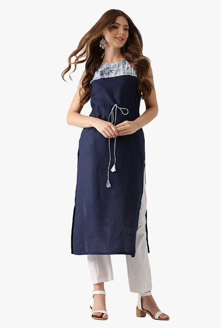 Libas Navy Textured Cotton Straight Kurta Libas Navy Textured Cotton Straight Kurta