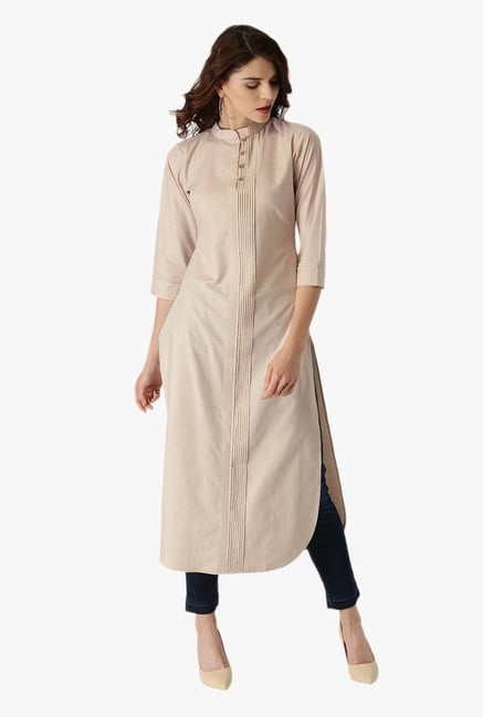 Libas Beige Textured Cotton Pathani Kurta Libas Beige Textured Cotton Pathani Kurta