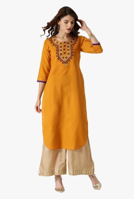 Libas Yellow Embroidered Cotton Pathani Kurta Libas Yellow Embroidered Cotton Pathani Kurta