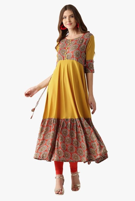 Libas Mustard & Red Printed Rayon Anarkali Kurta Libas Mustard & Red Printed Rayon Anarkali Kurta