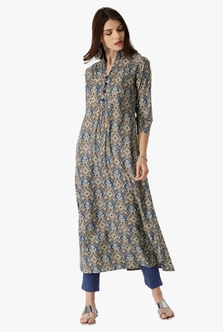 Libas Grey & Blue Printed Cotton A Line Kurta Libas Grey & Blue Printed Cotton A Line Kurta
