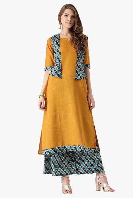 Libas Mustard & Teal Cotton Kurta, Jacket With Palazzo Libas Mustard & Teal Cotton Kurta, Jacket With Palazzo