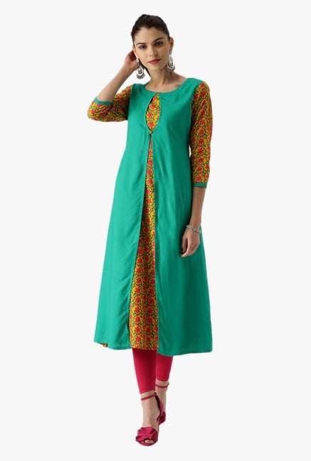 Libas Green & Yellow Floral Print Rayon Kurta With Jacket Libas Green & Yellow Floral Print Rayon Kurta With Jacket
