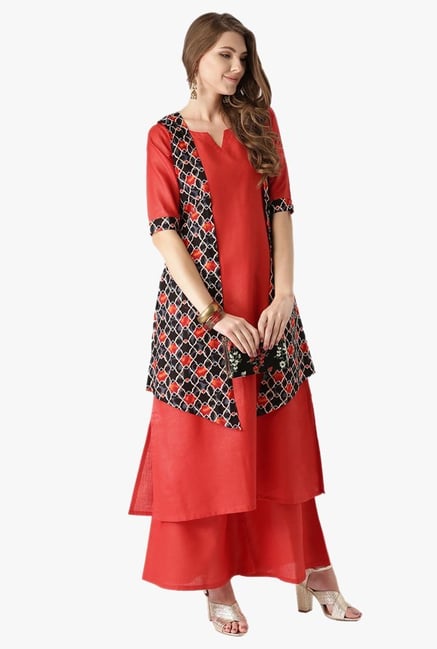 Libas Red Printed Cotton Kurta, Jacket With Palazzo Libas Red Printed Cotton Kurta, Jacket With Palazzo