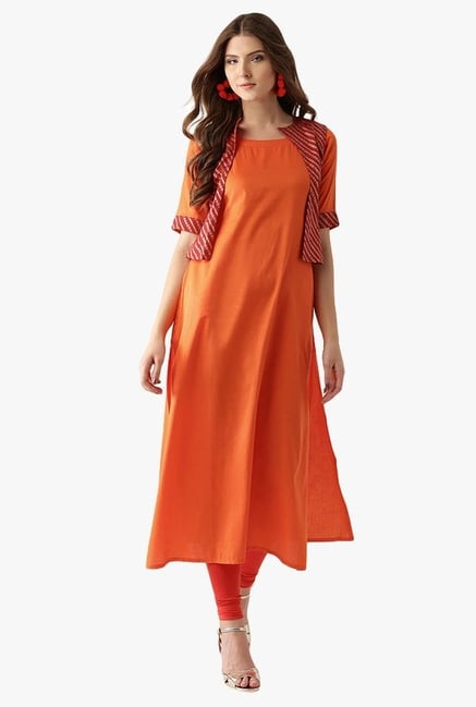 Libas Orange Printed Cotton Kurta With Jacket Libas Orange Printed Cotton Kurta With Jacket